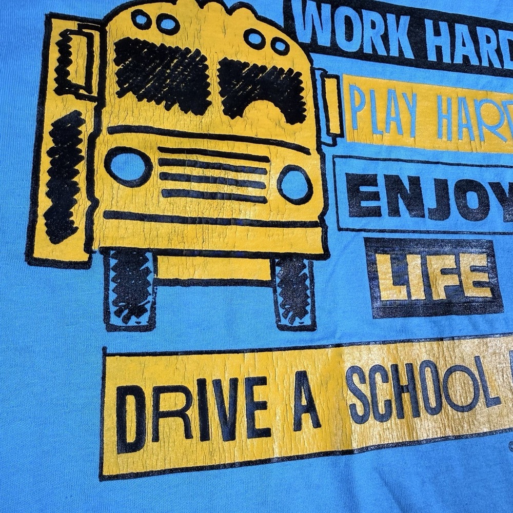 Vintage Jerzees T-Shirt XL Blue Short Sleeve Crew Neck Drive‎ A School Bus USA - Picture 6 of 7